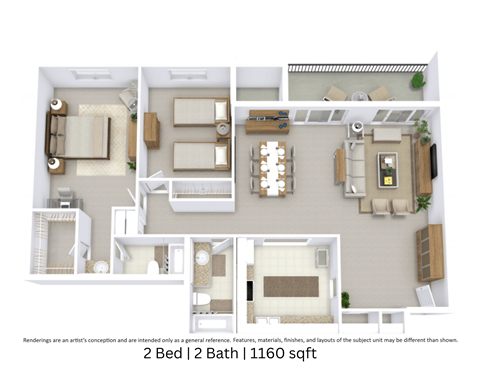 Floor plan for 2 beds, 2 baths, 1160 sqft
